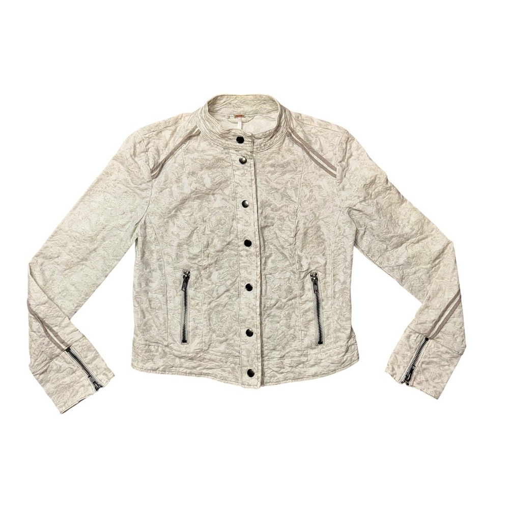 Free People Follow The Flock Sage Green Velvet‎ Jacquard Boho Moto Jacket Size 4